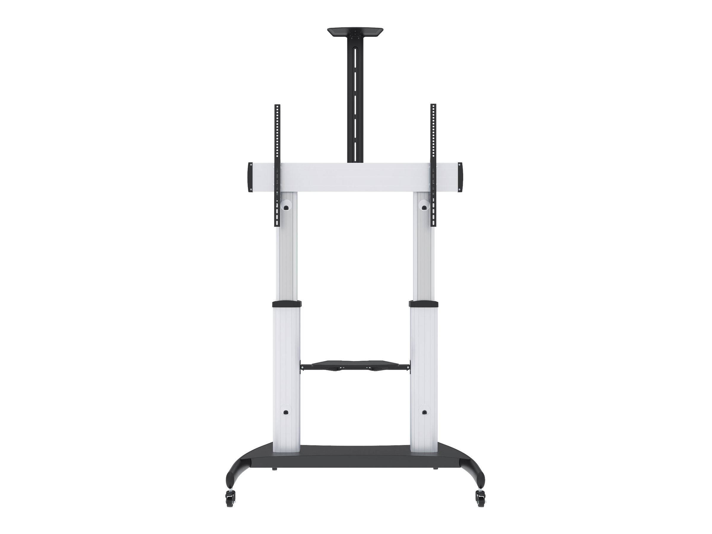 Manhattan Premium Multimedia TV-Ständer auf Rollen mit besonders hoher Traglast , Aluminiumkonstruktion, für Bildschirme von 60" bis 100" und bis zu 100 kg, -10 bis 5Â° neigbar, höhenverstellbar, Fachböden für Kamera und AV-Zubehör, silber und schwarz