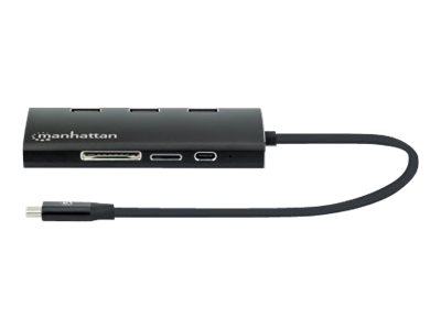 Manhattan USB 3.2 Gen 1 USB-C Multiport-Adapter, USB-C-Stecker auf HDMI-Buchse (4K@30Hz), drei USB-A-Ports auf der Oberseite, USB-C Power Delivery-Port (PD 3.0), Gigabit RJ45-Port und SD/MicroSD Card Reader, Aluminium, schwarz
