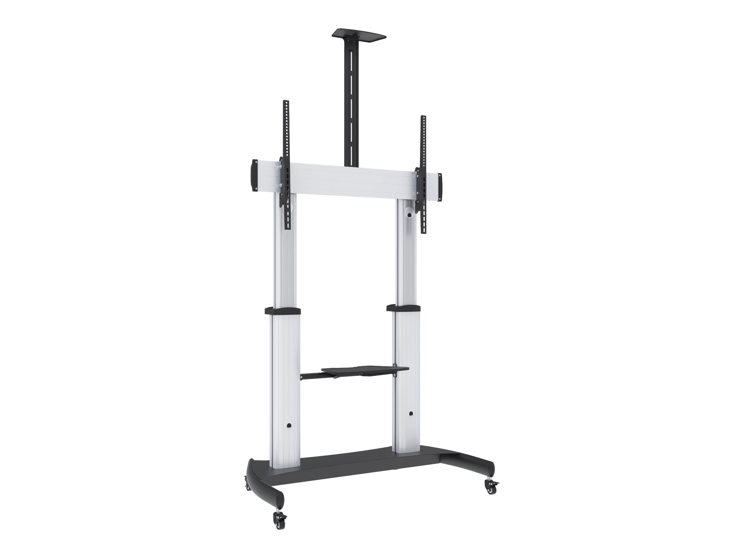 Manhattan Premium Multimedia TV-Ständer auf Rollen mit besonders hoher Traglast , Aluminiumkonstruktion, für Bildschirme von 60" bis 100" und bis zu 100 kg, -10 bis 5Â° neigbar, höhenverstellbar, Fachböden für Kamera und AV-Zubehör, silber und schwarz