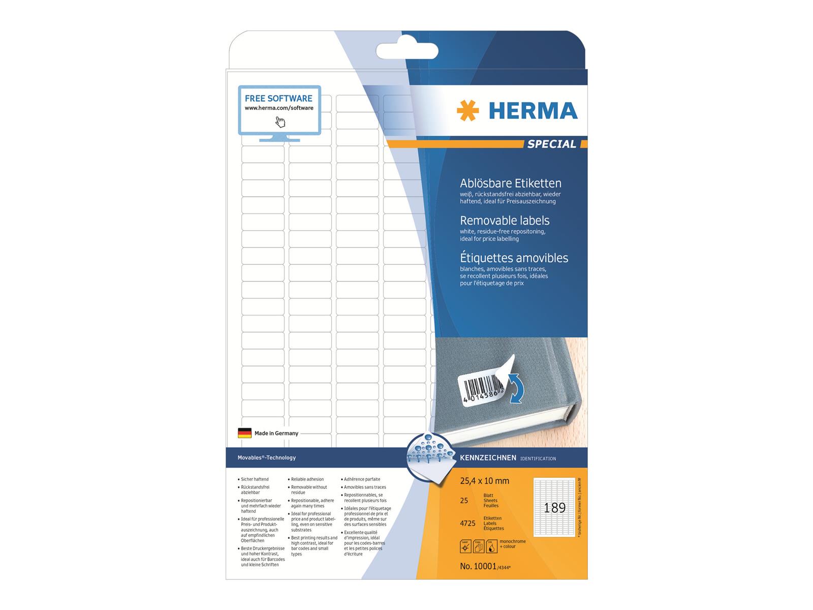 HERMA Ablösbare Etiketten A4 25.4x10 mm weiß Movables/ablösbar Papier matt 4725 St.