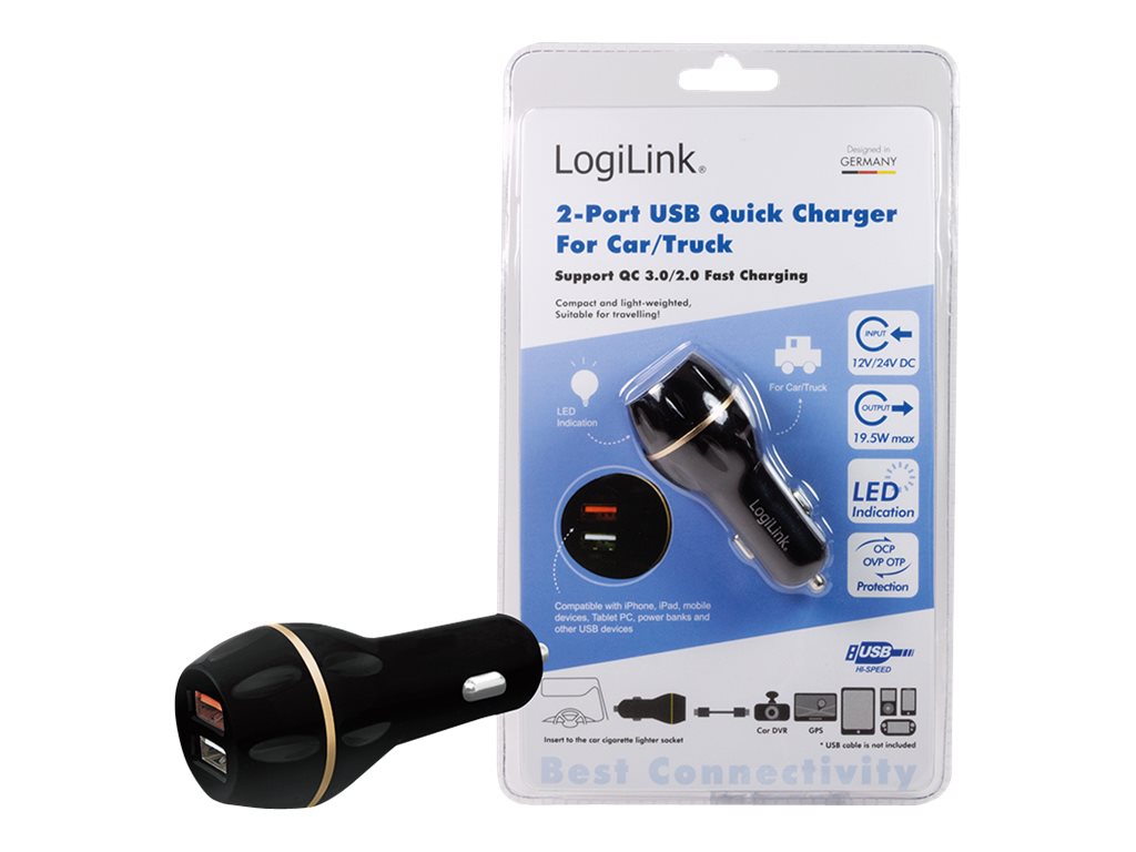 LogiLink USB Car Charger - Auto-Netzteil - 19.5 Watt - 3 A - PE, QC 2.0, QC 3.0 - 2 Ausgabeanschlussstellen (USB)