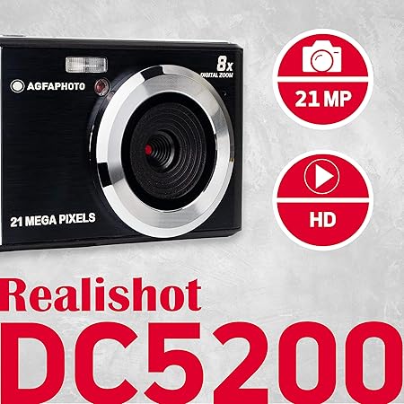 AGFA Photo Realishot DC5200 - Kompaktes Digitalkamera, 21MP, 2,4” LCD-Bildschirm, 8X Digitalzoom, HD 720p Video, Lithiumbatterie, SD-Karten, Szenenmodi - Schwarz AGFA Photo Realishot DC5200 - Kompaktes Digitalkamera, 21MP, 2,4” LCD-Bildschirm, 8X Digitalzoom, HD 720p Video, Lithiumbatterie, SD-Karten, Szenenmodi - Schwarz