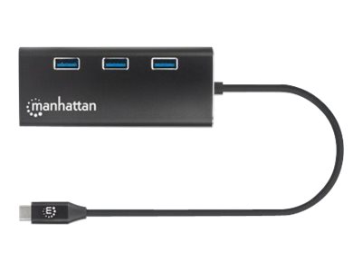Manhattan USB 3.2 Gen 1 USB-C Multiport-Adapter, USB-C-Stecker auf HDMI-Buchse (4K@30Hz), drei USB-A-Ports auf der Oberseite, USB-C Power Delivery-Port (PD 3.0), Gigabit RJ45-Port und SD/MicroSD Card Reader, Aluminium, schwarz