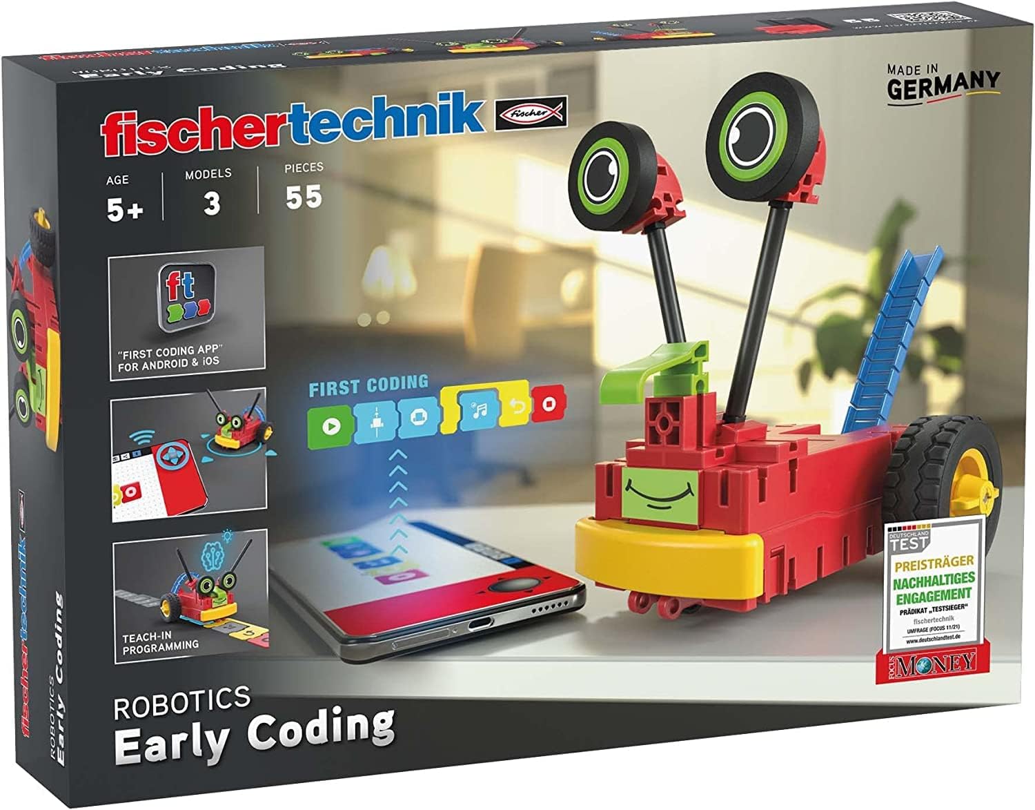 fischertechnik 559889 ROBOTICS – Early Coding, Bausatz für Kinder ab 5 Jahren, Experimentierkasten für 3 Roboter Modelle, zum Bauen & Programmieren, mit Motoren & Sensoren