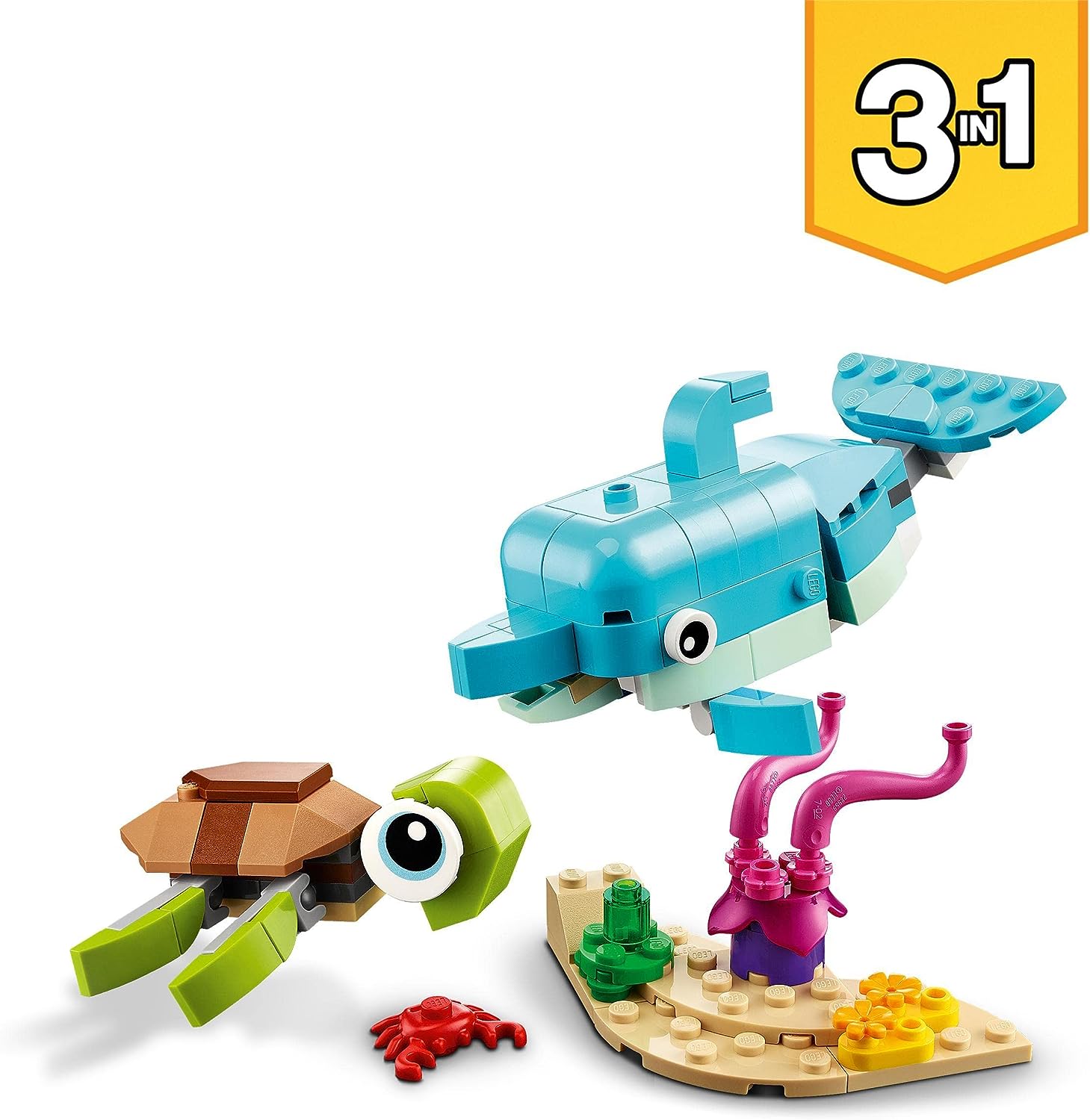 LEGO 31128 Creator 3-in-1 Delfin und Schildkröte, Seepferdchen, Fisch, Meerestieren-Figuren, Spielzeug zum Bauen