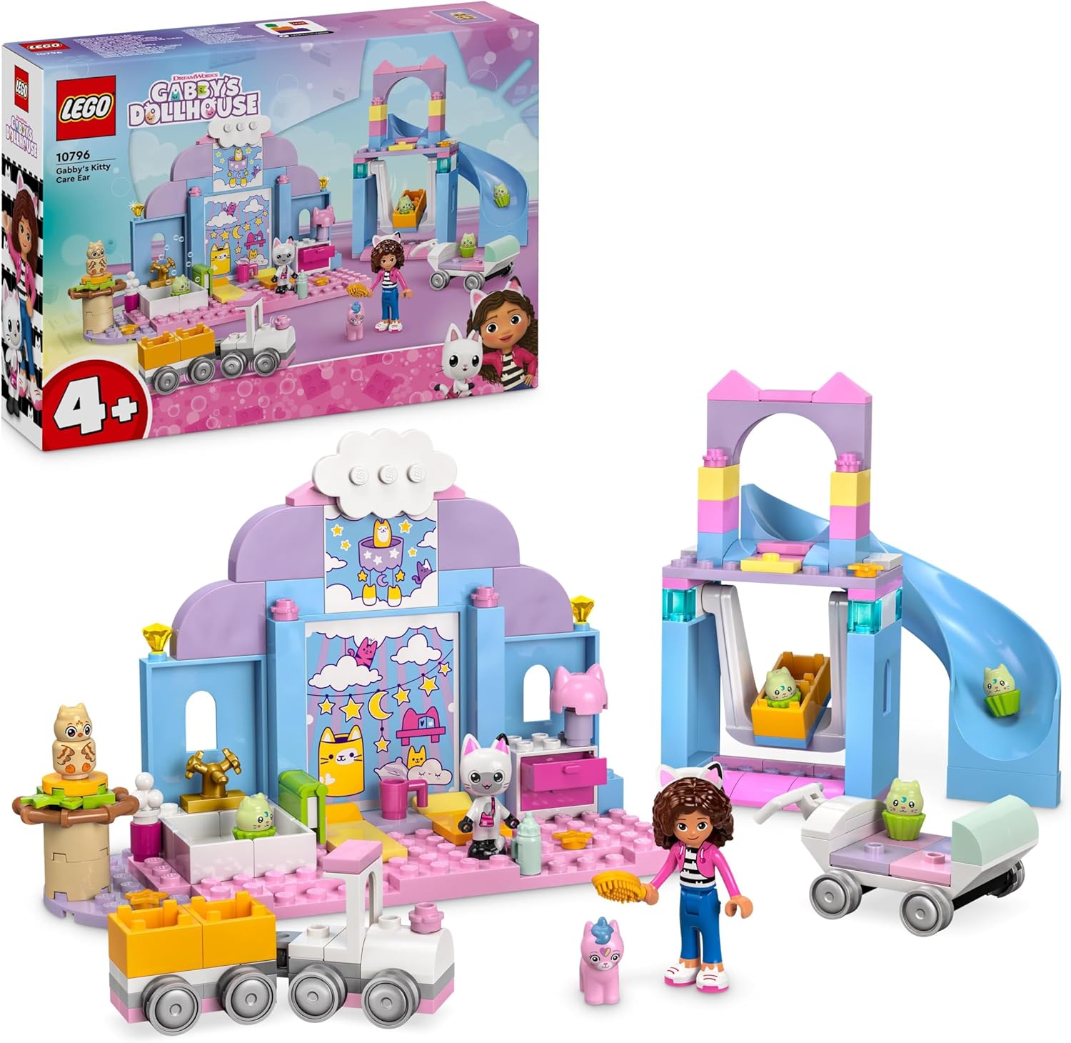 LEGO Gabby's Puppenhaus – Gabbys Katzenpflege Spielset – Kreatives Tier Spielzeug - Bauset mit Auto, Zug, Rutsche, Minifiguren & Zubehör – Kinder Geschenk für Mädchen ab 4 Jahren – 10796