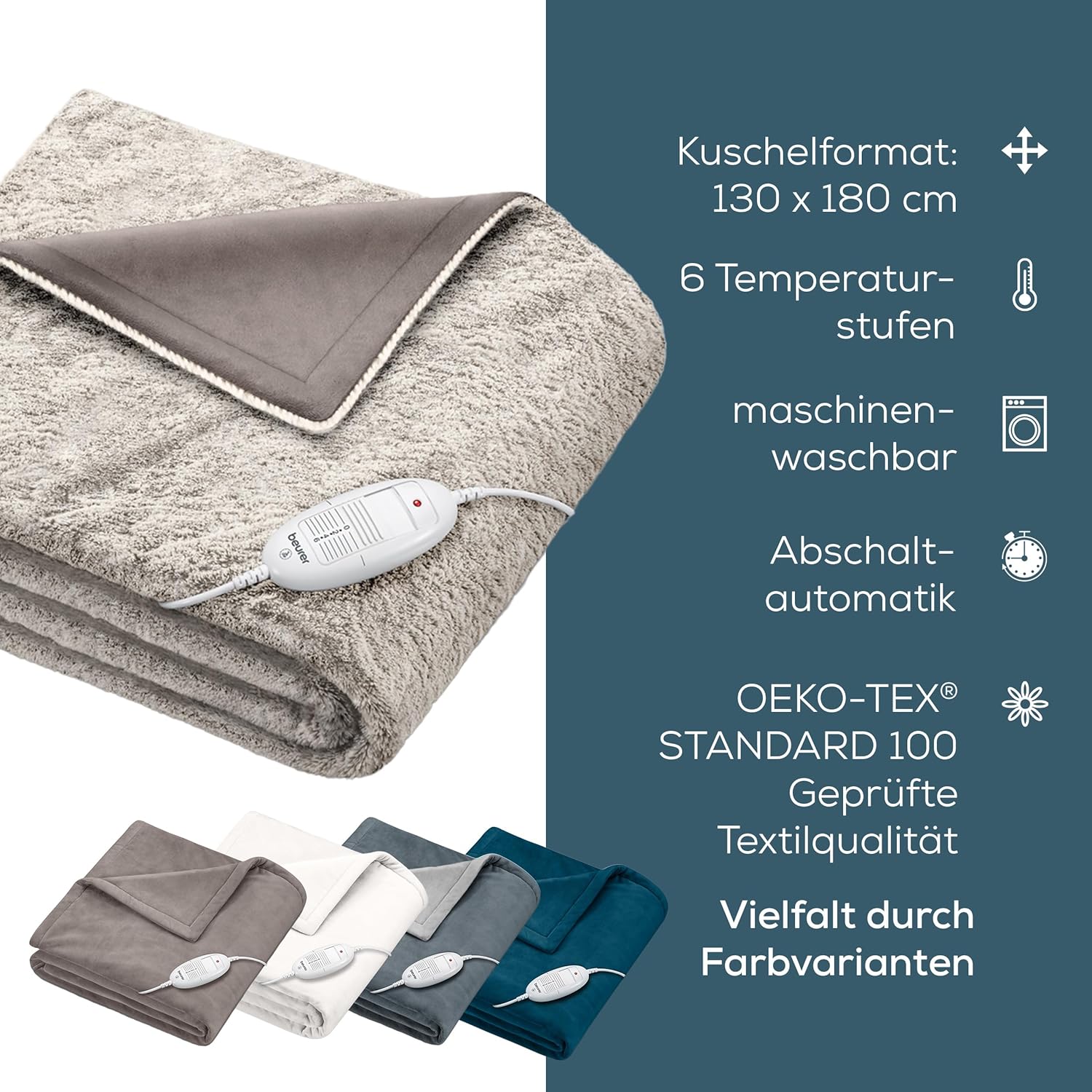 Beurer HD 75 Nordic Heizdecke, kuschelige Wärmedecke in Felloptik, 6 Temperaturstufen, maschinenwaschbar, mit Abschaltautomatik, beige / braun, 180 x 130 cm