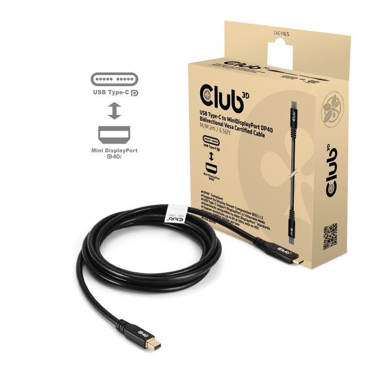 CLUB3D CAC-1561 DisplayPort-Kabel 2 m Mini DisplayPort USB Typ-C Schwarz
