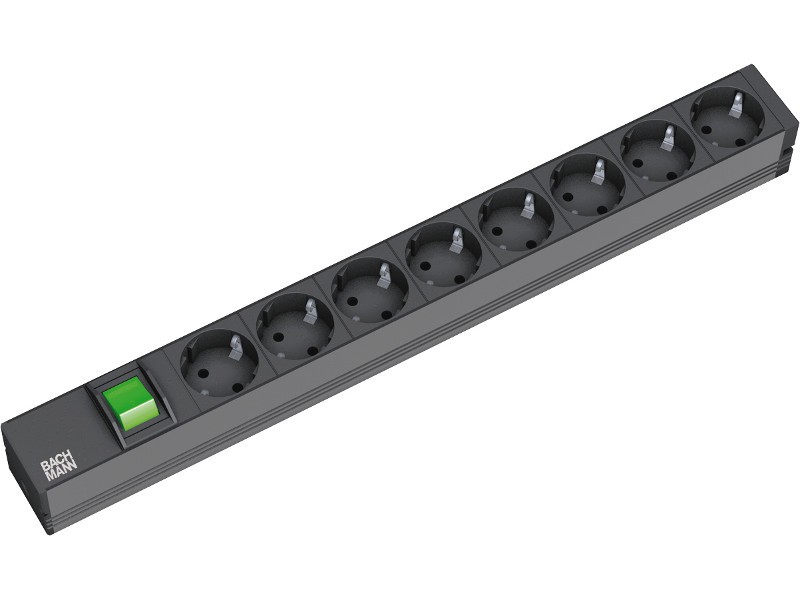 Bachmann 19"-Steckdosenleiste ALU 1HE, 8-fach 35°, schwarz, 2,0m, mit Schalter