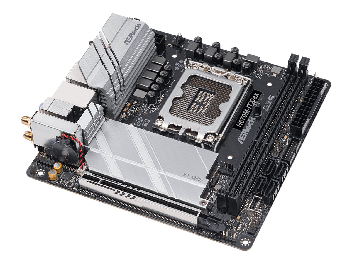 ASRock H670M-ITX/ax - Motherboard - Mini-ITX - LGA1700-Sockel - H670 Chipsatz - USB-C Gen1, USB 3.2 Gen 1, USB 3.2 Gen 2, USB-C Gen 2x2 - Bluetooth, Gigabit LAN, 2.5 Gigabit LAN, Wi-Fi - Onboard-Grafik (CPU erforderlich)