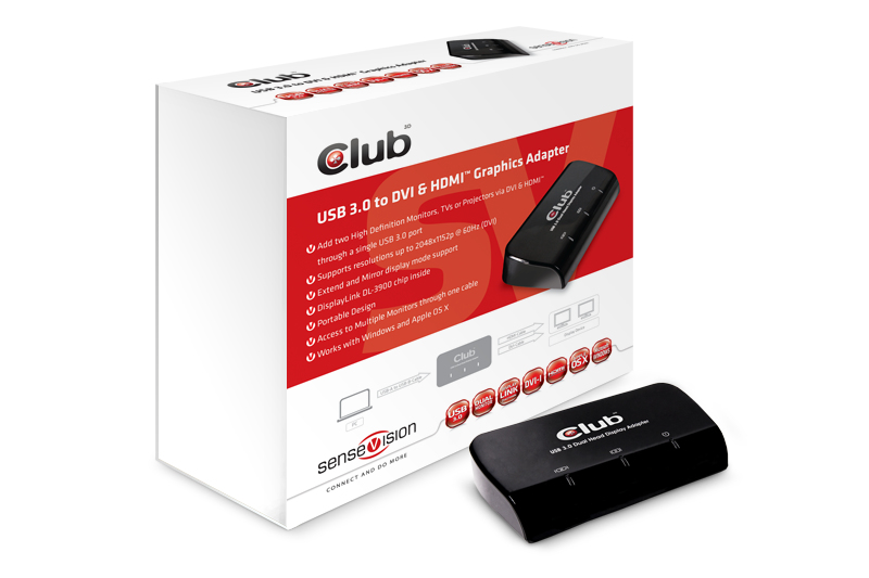 CLUB3D SenseVision USB3.0 to DVI-I & HDMI Graphics Adapter USB-Grafikadapter Schwarz