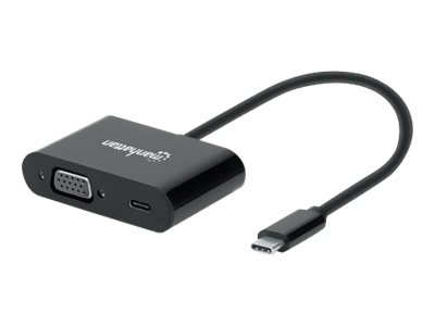 Manhattan USB-C auf VGA-Konverter mit Power Delivery-Ladeport, 1080p-Auflösung, Power Delivery-Port mit bis zu 60 W (3 A/20 V), schwarz