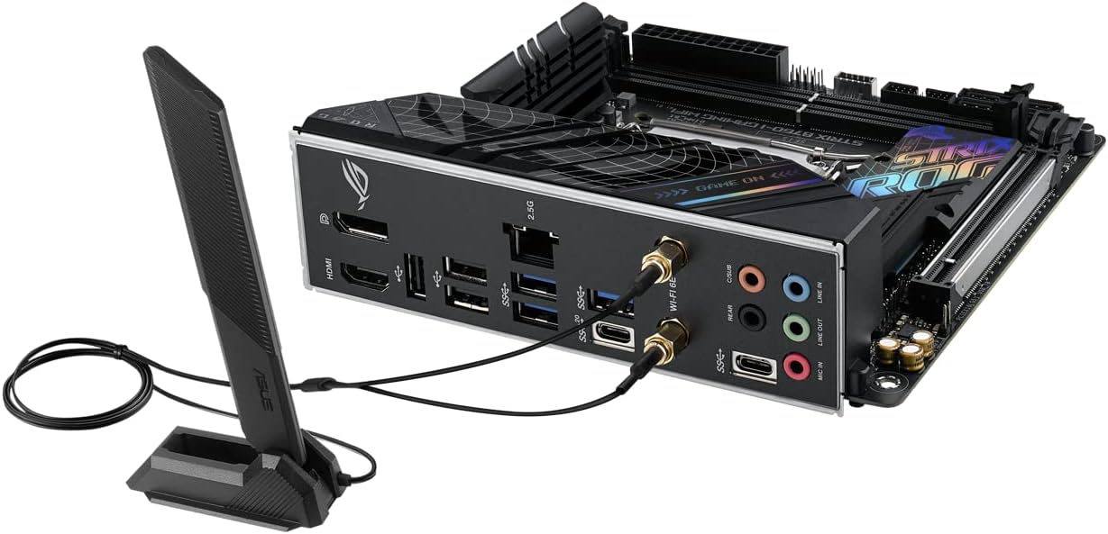 ASUS ROG STRIX B760-I GAMING WIFI - Motherboard - Mini-ITX - LGA1700-Sockel - B760 Chipsatz - USB 3.2 Gen 1, USB-C 3.2 Gen2, USB-C 3.2 Gen 2x2, USB-C 3.2 Gen 1 - 2.5 Gigabit LAN, Bluetooth, Wi-Fi - Onboard-Grafik (CPU erforderlich)