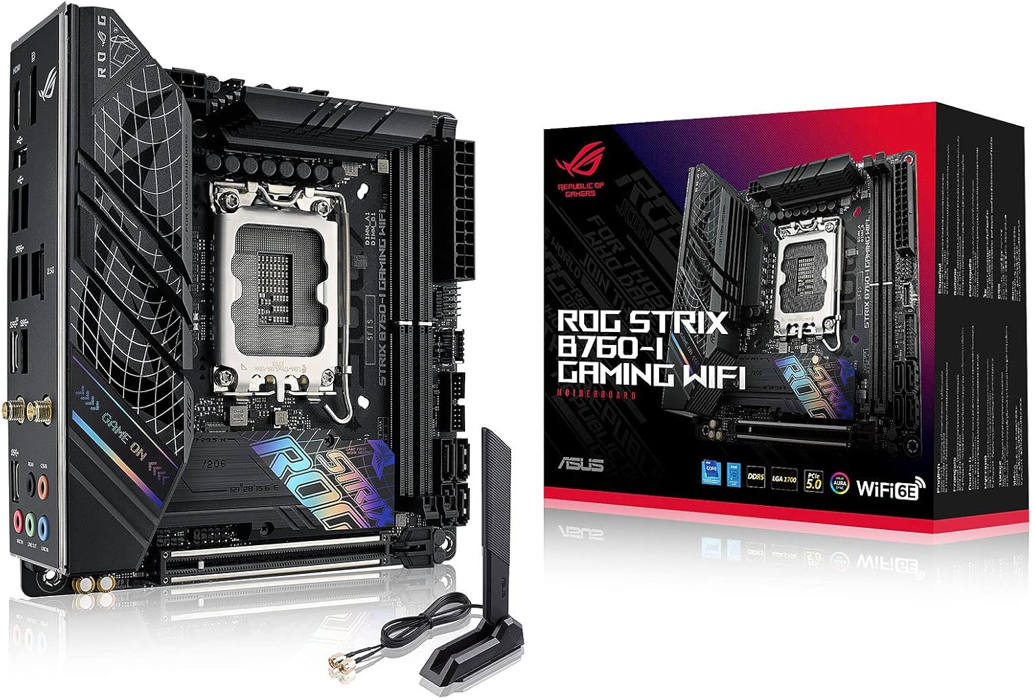 ASUS ROG STRIX B760-I GAMING WIFI - Motherboard - Mini-ITX - LGA1700-Sockel - B760 Chipsatz - USB 3.2 Gen 1, USB-C 3.2 Gen2, USB-C 3.2 Gen 2x2, USB-C 3.2 Gen 1 - 2.5 Gigabit LAN, Bluetooth, Wi-Fi - Onboard-Grafik (CPU erforderlich)