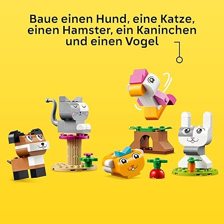 LEGO Classic Kreative Tiere, Box mit bunten Steinen, Baue Spielzeug-Tierfiguren aus Bausteinen wie Hund, Katze, Hase, Hamster und Vogel, Konstruktionsspielzeug für Jungs und Mädchen ab 5 Jahren 11034