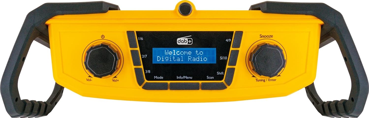 SCHWAIGER DABWORK 513 Baustellen-Radio Werkstattradio Robustes Radio Digitalradio DAB+ FM AUX Wecker IPX4 LCD-Display Senderspeicher schwarz gelb