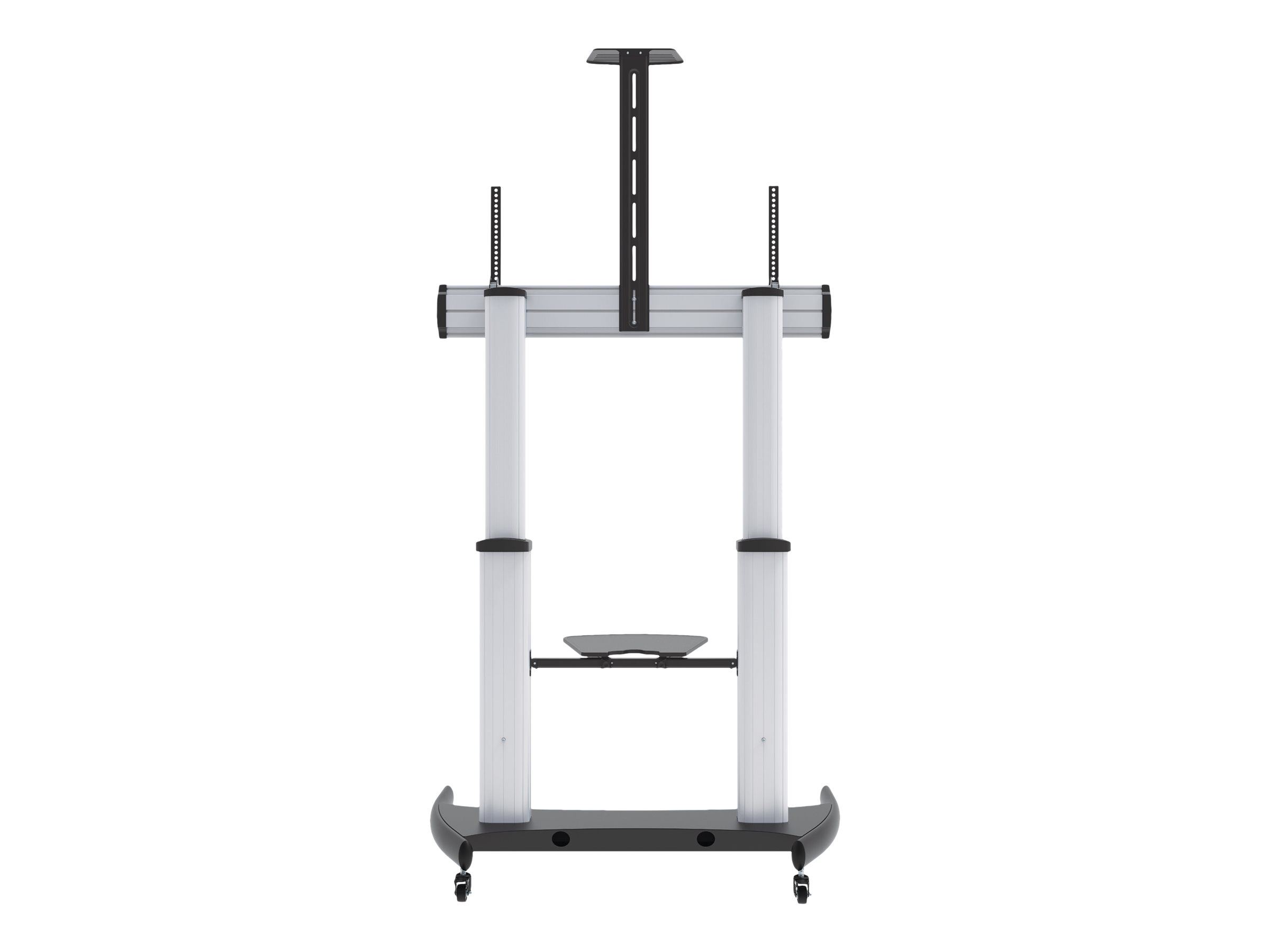 Manhattan Premium Multimedia TV-Ständer auf Rollen mit besonders hoher Traglast , Aluminiumkonstruktion, für Bildschirme von 60" bis 100" und bis zu 100 kg, -10 bis 5Â° neigbar, höhenverstellbar, Fachböden für Kamera und AV-Zubehör, silber und schwarz