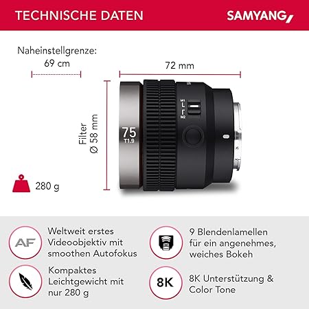 Samyang V-AF T 1,9/75  FE Sony E