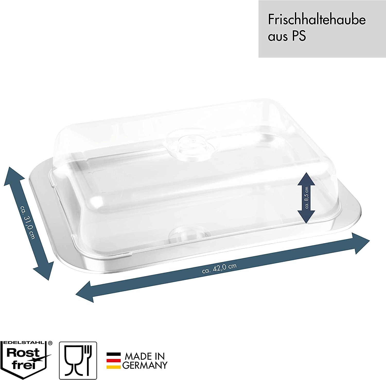 c|h|g Schlemmerplatte mit Frischhaltehaube, 42 x 31 x 8.5 cm, rostfreier Edelstahl, SET 691AMAZ-56