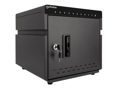 Manhattan 10-Port Ladeschrank 180 W, 10 USB-C PD-Ports, geräumige Fächer für Handys und Tablets, 180 W gesamt, bis zu 3 A/18 W pro Port, abschließbar, Überspannungsschutz, leiser Lüfter, Metallgehäuse, schwarz