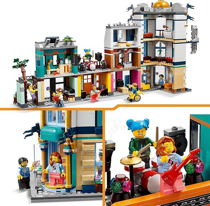 LEGO Creator 3-in-1 Hauptstraße zu Art-déco-Hochhaus oder Marktstraße Modellbau-Set, Konstruktionsspielzeug mit Hotel, Café, Wohnungen und Geschäften, kreativer Modellbausatz, Geschenkidee 31141