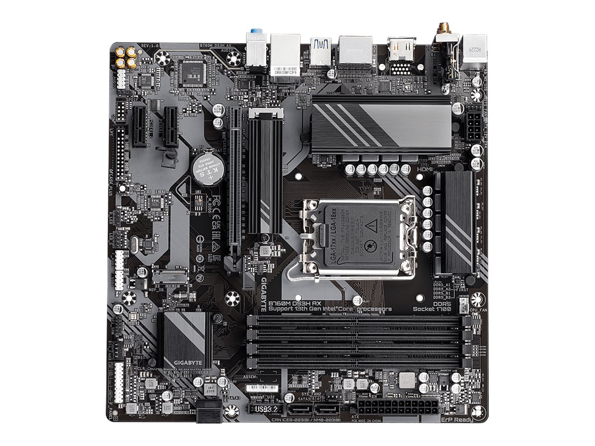GIGABYTE B760M DS3H AX Mainboard - Unterstützt Intel Core Prozessoren der 14. Generation, 6+2+1 Phasen digitales VRM, bis zu 7600MHz DDR5 (OC), 2x PCIe 4.0 M.2, Wi-Fi 6E, 2.5GbE LAN, USB 3.2 Gen 2
