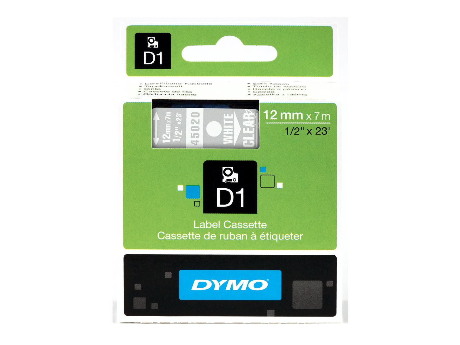 DYMO D1 - Standardetiketten - Weiß auf Transparent - 12mm x 7m