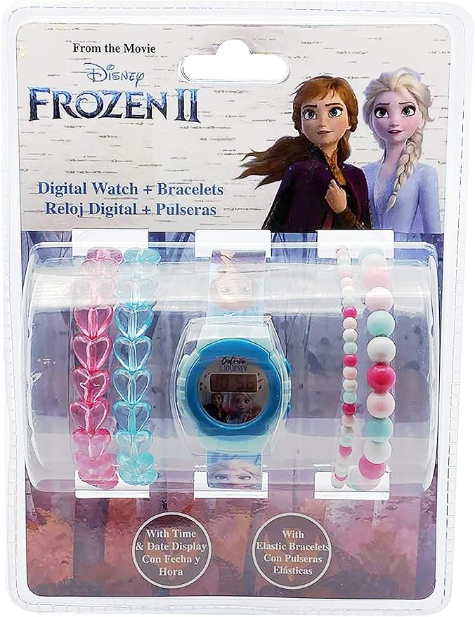 Disney Frozen 2 / Die Eiskönigin 2 - LCD Uhr mit 4 Perlenarmbändern
