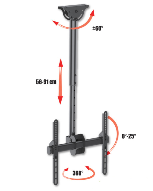 Techly Befestigungskit (Deckenmontage, Montageklammer, Teleskopstange) - für Flachbildschirm - Stahl - Schwarz - Bildschirmgröße: 81.3-139.7 cm (32"-55")