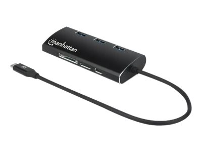 Manhattan USB 3.2 Gen 1 USB-C Multiport-Adapter, USB-C-Stecker auf HDMI-Buchse (4K@30Hz), drei USB-A-Ports auf der Oberseite, USB-C Power Delivery-Port (PD 3.0), Gigabit RJ45-Port und SD/MicroSD Card Reader, Aluminium, schwarz