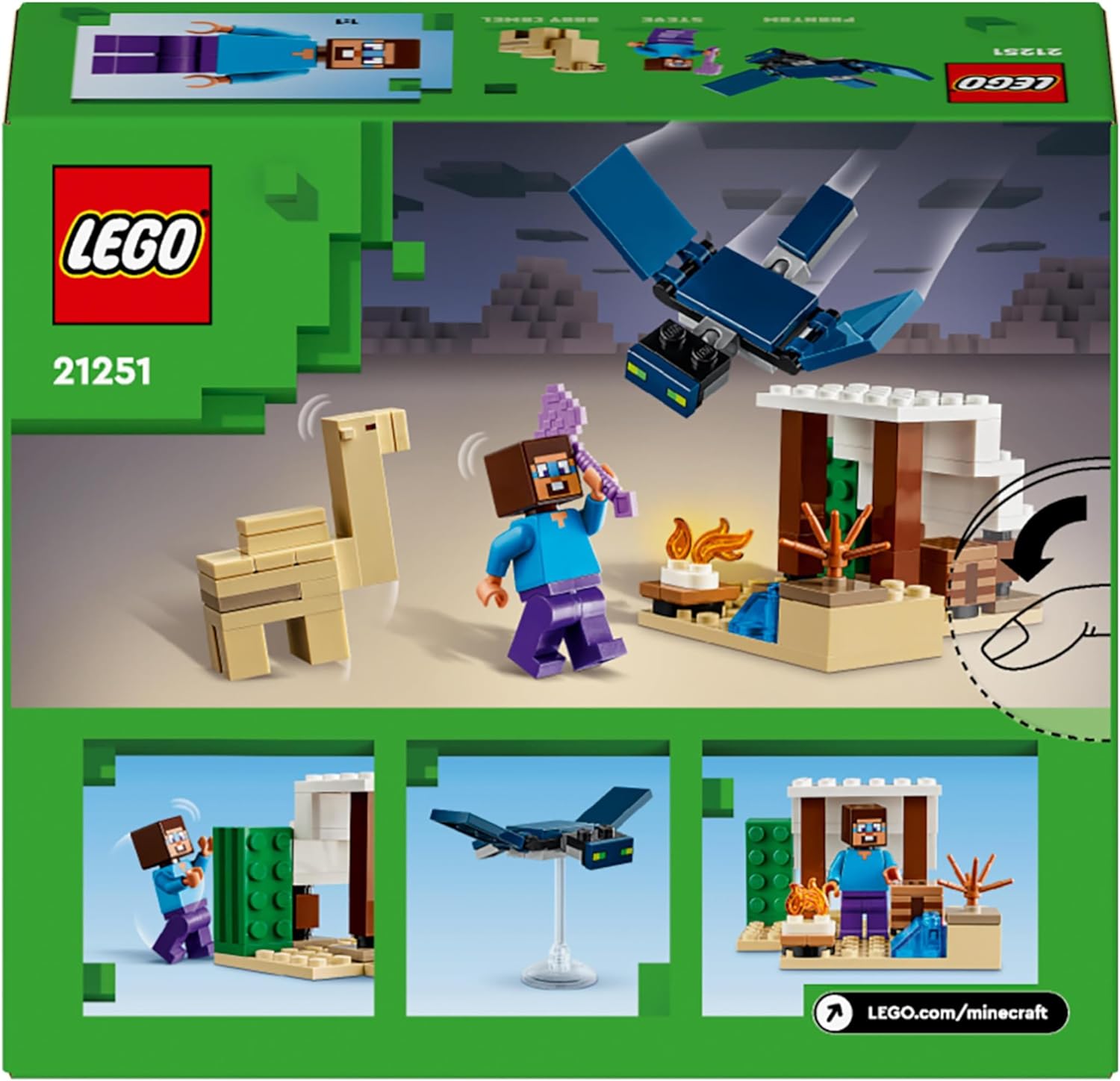LEGO Minecraft Steves Wüstenexpedition, Set zum Videospiel für Jungs und Mädchen, Biom mit Steve, Haus, Figuren und Kamel-Spielzeug, Gamer-Geschenk für Kinder ab 6 Jahren 21251