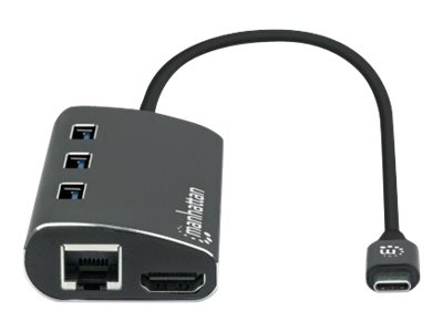Manhattan USB 3.2 Gen 1 USB-C Multiport-Adapter, USB-C-Stecker auf HDMI-Buchse (4K@30Hz), drei USB-A-Ports auf der Oberseite, USB-C Power Delivery-Port (PD 3.0), Gigabit RJ45-Port und SD/MicroSD Card Reader, Aluminium, schwarz