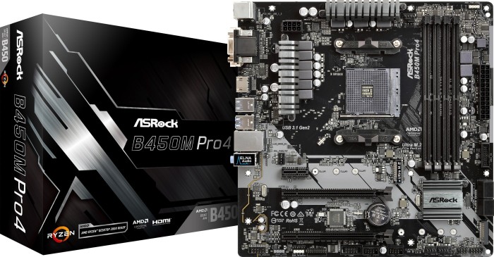ASRock B450M PRO4 - Motherboard - micro ATX - Socket AM4 - AMD B450 Chipsatz - USB 3.1 Gen 1, USB-C Gen2, USB 3.1 Gen 2 - Gigabit LAN - Onboard-Grafik (CPU erforderlich) ASRock B450M PRO4 - Motherboard - micro ATX - Socket AM4 - AMD B450 Chipsatz - USB 3.1 Gen 1, USB-C Gen2, USB 3.1 Gen 2 - Gigabit LAN - Onboard-Grafik (CPU erforderlich)