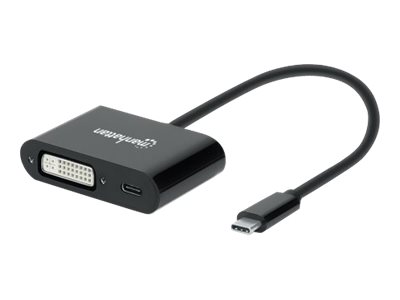 Manhattan USB-C to DVI-I and USB-C (inc Power Delivery), 1080p@60Hz, 19.5cm, Black, Power Delivery to USB-C (60W)