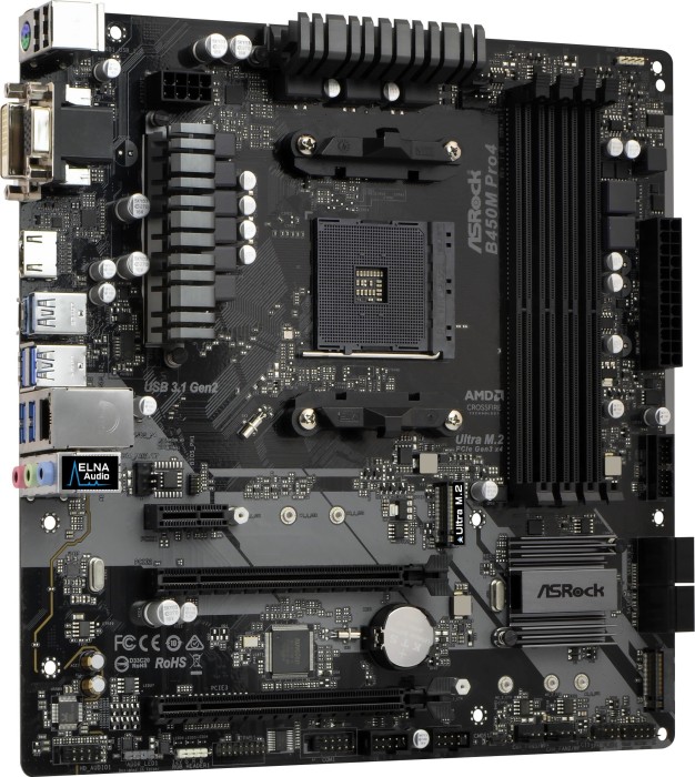 ASRock B450M PRO4 - Motherboard - micro ATX - Socket AM4 - AMD B450 Chipsatz - USB 3.1 Gen 1, USB-C Gen2, USB 3.1 Gen 2 - Gigabit LAN - Onboard-Grafik (CPU erforderlich)