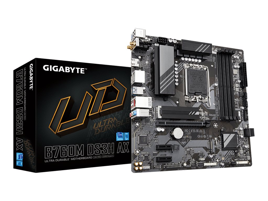 GIGABYTE B760M DS3H AX Mainboard - Unterstützt Intel Core Prozessoren der 14. Generation, 6+2+1 Phasen digitales VRM, bis zu 7600MHz DDR5 (OC), 2x PCIe 4.0 M.2, Wi-Fi 6E, 2.5GbE LAN, USB 3.2 Gen 2