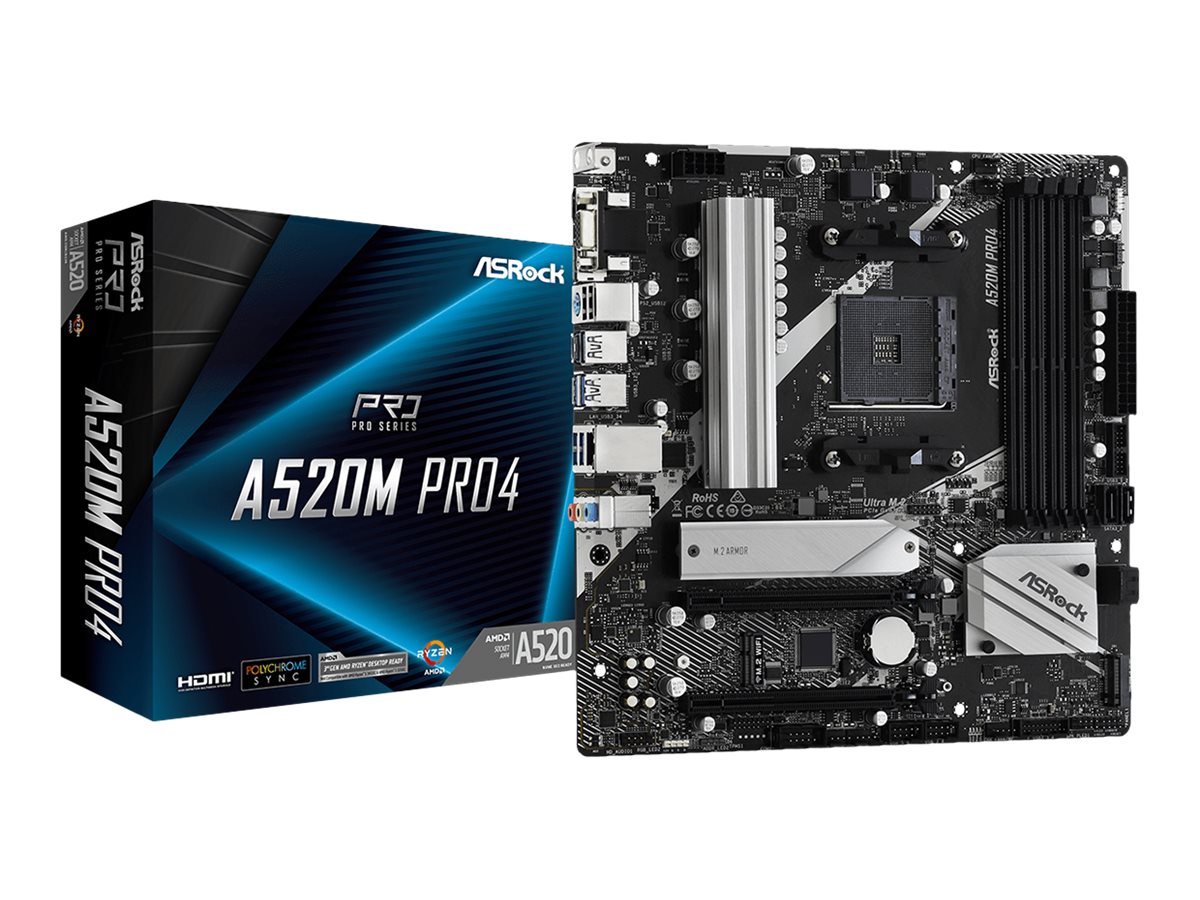 ASRock A520M Pro4 - Motherboard - micro ATX - Socket AM4 - AMD A520 Chipsatz - USB-C Gen1, USB 3.2 Gen 1 - Gigabit LAN - Onboard-Grafik (CPU erforderlich) ASRock A520M Pro4 - Motherboard - micro ATX - Socket AM4 - AMD A520 Chipsatz - USB-C Gen1, USB 3.2 Gen 1 - Gigabit LAN - Onboard-Grafik (CPU erforderlich)