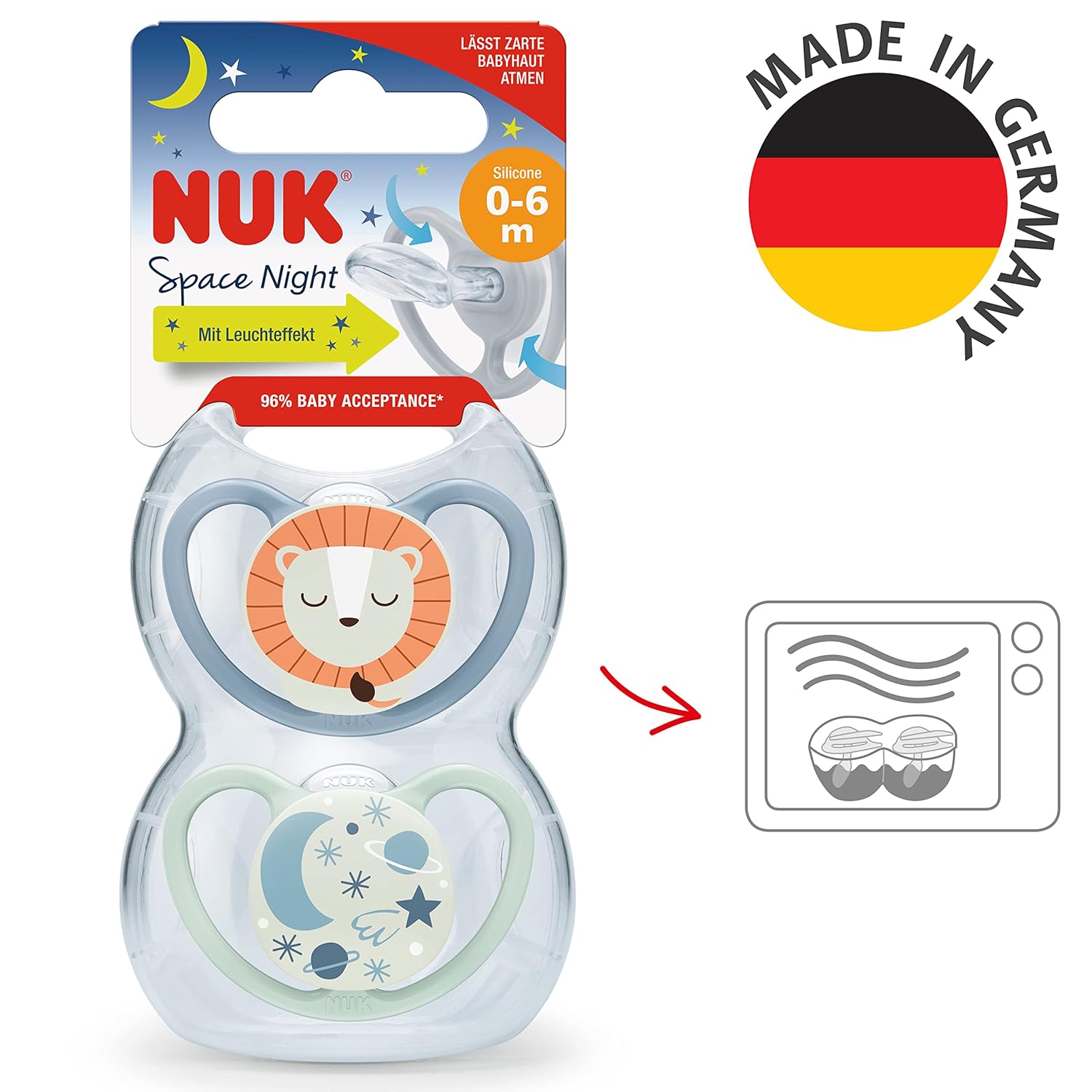 NUK Space Night Silikon-Schnuller 0-6M, 2 St, blau/mint NUK Space Night Silikon-Schnuller 0-6M, 2 St, blau/mint