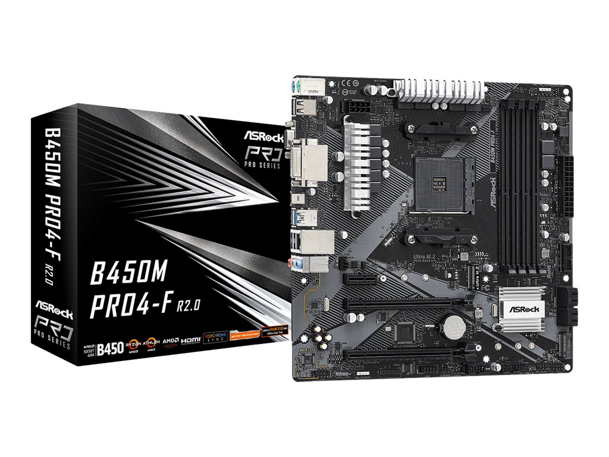 ASRock B450M Pro4-F R2.0 - Motherboard - micro ATX - Socket AM4 - AMD B450 Chipsatz - USB-C Gen1, USB 3.2 Gen 1 - Gigabit LAN - Onboard-Grafik (CPU erforderlich)