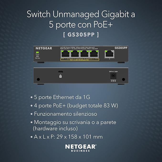 Netgear 300 Series GS305PP - Switch - SOHO - unmanaged - 5 x 10/100/1000 (4 PoE+) Netgear 300 Series GS305PP - Switch - SOHO - unmanaged - 5 x 10/100/1000 (4 PoE+)