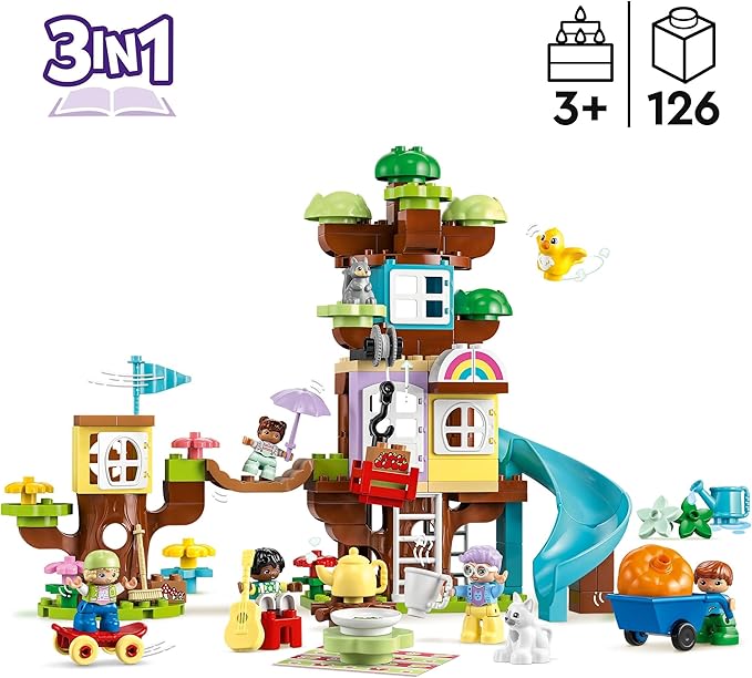 LEGO 10993 DUPLO 3-in-1 Baumhaus Spielzeug für Kleinkinder ab 3 Jahren, Mädchen und Jungen mit 4 Figuren, Tieren, Konstruktionsspielzeug mit Bausteinen und Einer Rutsche, Lernspielzeug