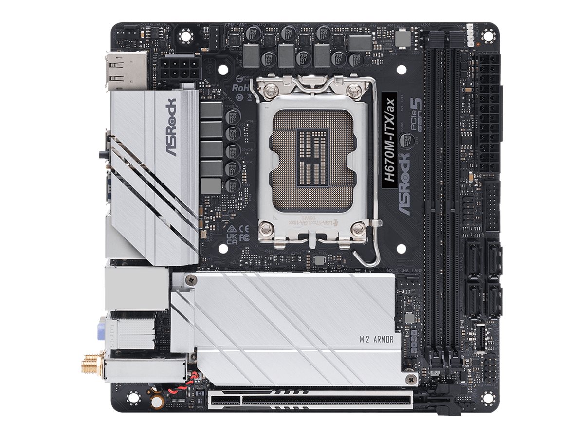ASRock H670M-ITX/ax - Motherboard - Mini-ITX - LGA1700-Sockel - H670 Chipsatz - USB-C Gen1, USB 3.2 Gen 1, USB 3.2 Gen 2, USB-C Gen 2x2 - Bluetooth, Gigabit LAN, 2.5 Gigabit LAN, Wi-Fi - Onboard-Grafik (CPU erforderlich)