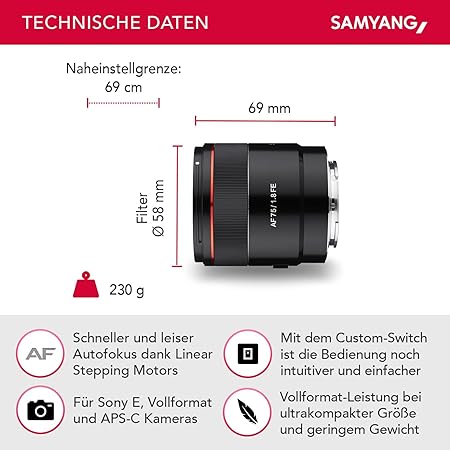 Samyang AF 75mm F1.8 FE (Tiny but Absolute) – Porträt Objektiv Autofokus Vollformat und APS-C Festbrennweite Sony E Mount für Sony A9 II A7 III A7C II A7C R A6600 A6500 A6400 A6300 A6000 A5100 A5000