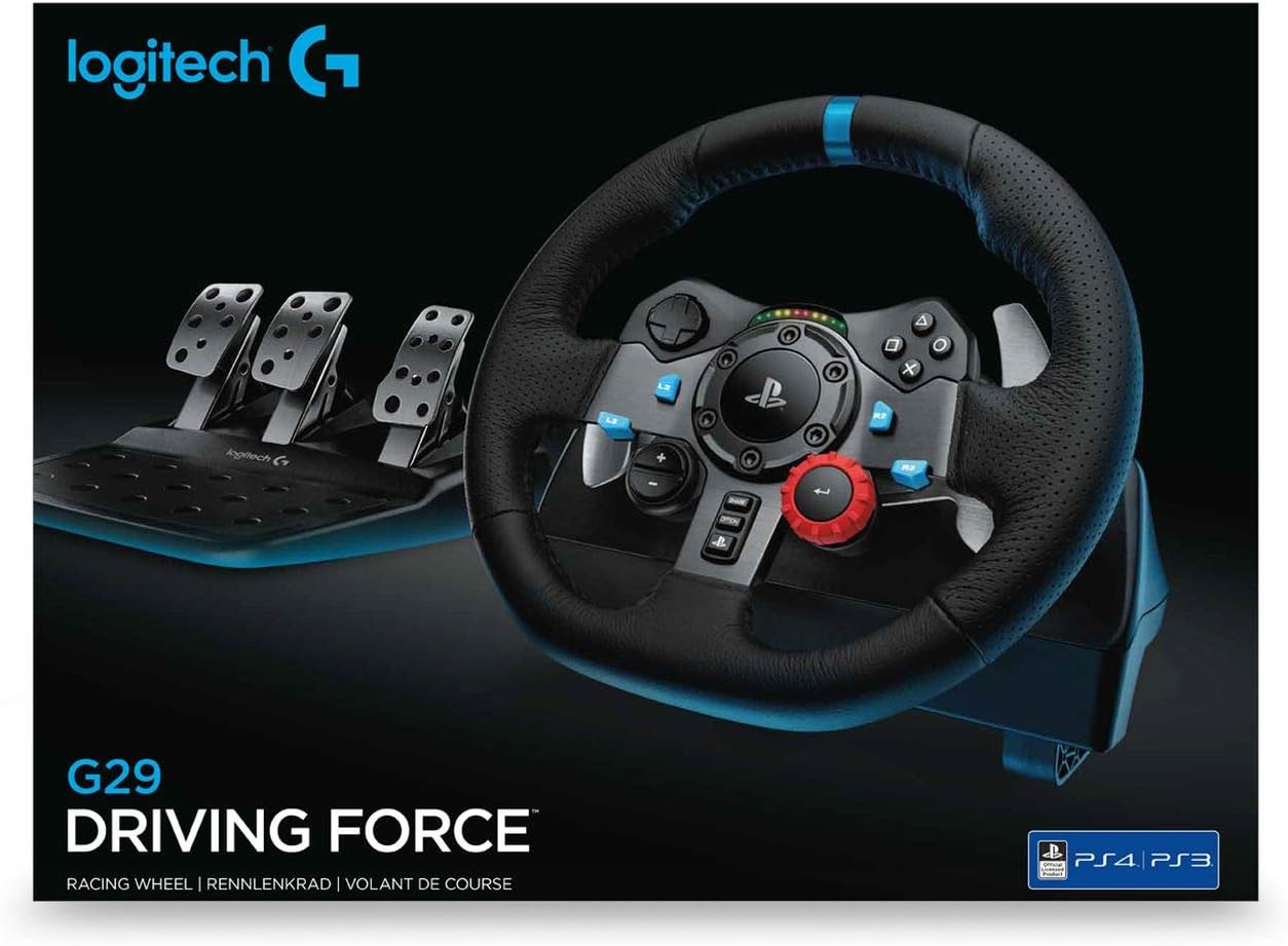 Logitech G G29 Driving Force Racing Wheel und Bodenpedale, Real Force Feedback, Edelstahl-Schalthebel am Lenkrad, Leder-Lenkradbezug für XPS5, PS4, PC, Mac, Schwarz