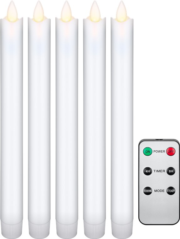 5er-Set weiße LED-Echtwachs-Stabkerzen, inkl. Fernbedienung
