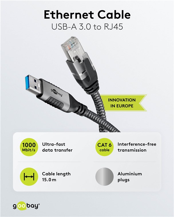 Ethernet-Kabel USB-A 3.0 auf RJ45, 15 m Ethernet-Kabel USB-A 3.0 auf RJ45, 15 m