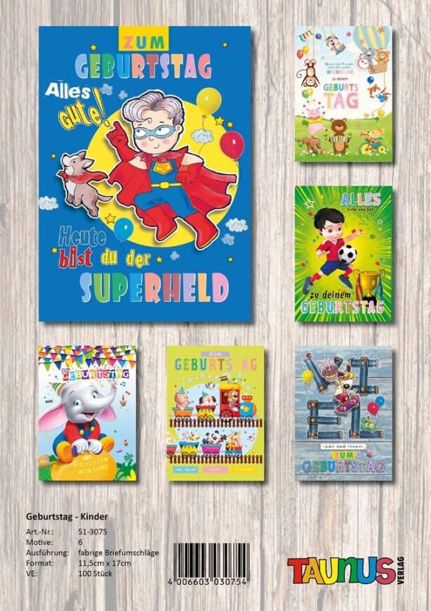 Geburtstagskarten Kinder - 100 Stück - 6 Motive
