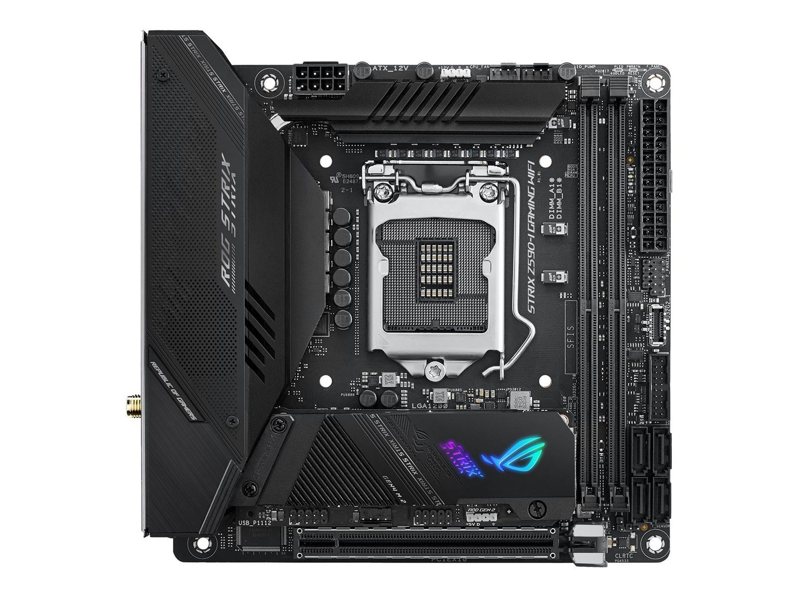 ASUS ROG STRIX Z590-I GAMING WIFI - Motherboard - Mini-ITX - LGA1200-Sockel - Z590 Chipsatz - USB-C Gen2, USB 3.2 Gen 1, USB 3.2 Gen 2, USB-C Gen 2x2 - 2.5 Gigabit LAN, Wi-Fi - Onboard-Grafik (CPU erforderlich)