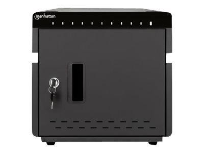 Manhattan 10-Port Ladeschrank 180 W, 10 USB-C PD-Ports, geräumige Fächer für Handys und Tablets, 180 W gesamt, bis zu 3 A/18 W pro Port, abschließbar, Überspannungsschutz, leiser Lüfter, Metallgehäuse, schwarz
