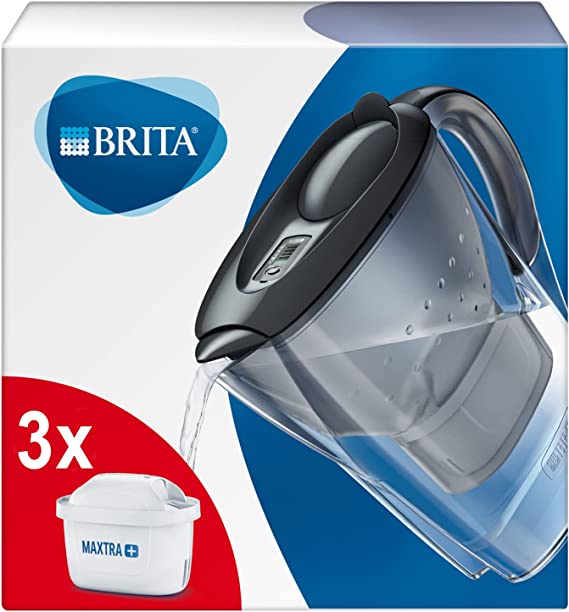 BRITA Wasserfilter Marella graphit inkl. 3 MAXTRA+ Filterkartuschen – Filter-Kanne (2,4l) zur Reduzierung von Kalk, Chlor, Blei & Kupfer im Leitungswasser – jetzt in nachhaltiger Verpackung